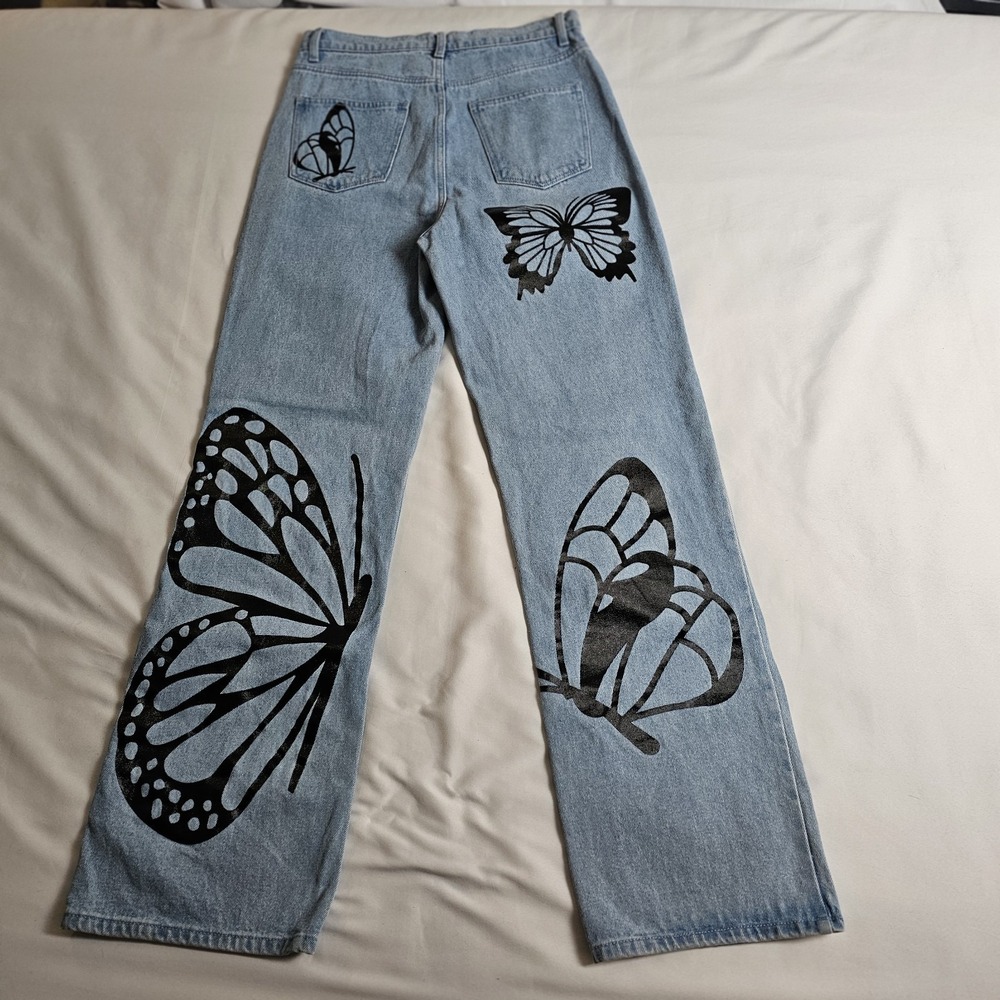 Simple Society Denim Jeans Butterflies Size 9/29 Light Wash High Waist Wider Leg - Picture 3 of 6